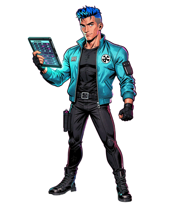 Max Comic-Charakter im Cyberpunk-Stil mit holografischem Tablet zeigt Sportwetten-Quoten f&uuml;r Bundesliga und UFC